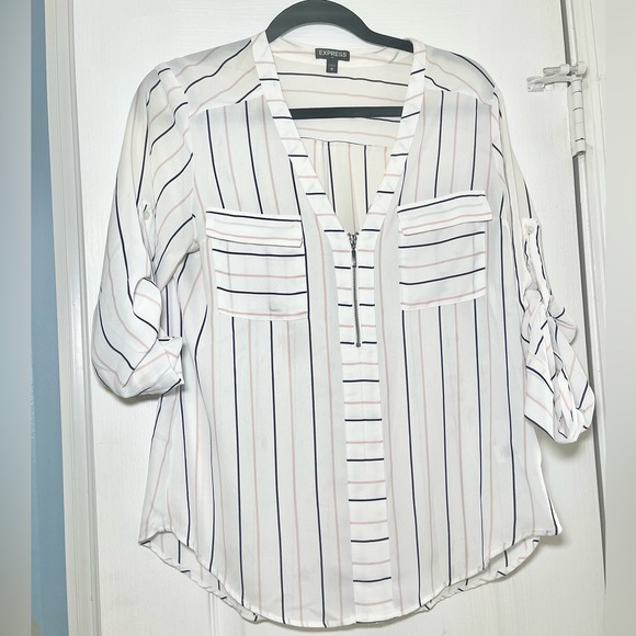 Express Women's White Striped Long Sleeve Blouse - Picture 5 of 10